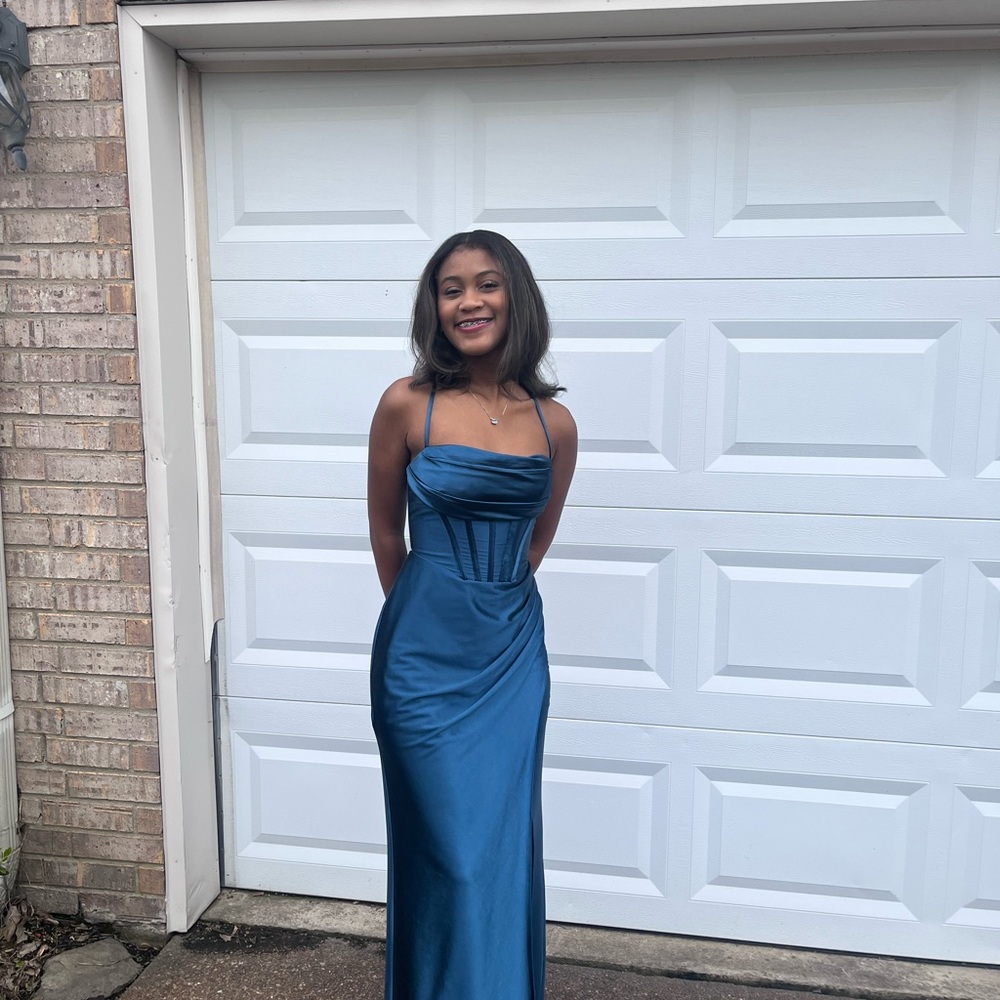 Azazie Teal Satin Prom Dress